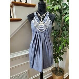 Ranna Gill Women Blue Viscose V-Neck Sleeveless Pleated Knee Length Dress Size M